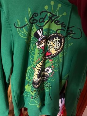 Ed Hardy Green Hoodie with Stylized Snake Graphic